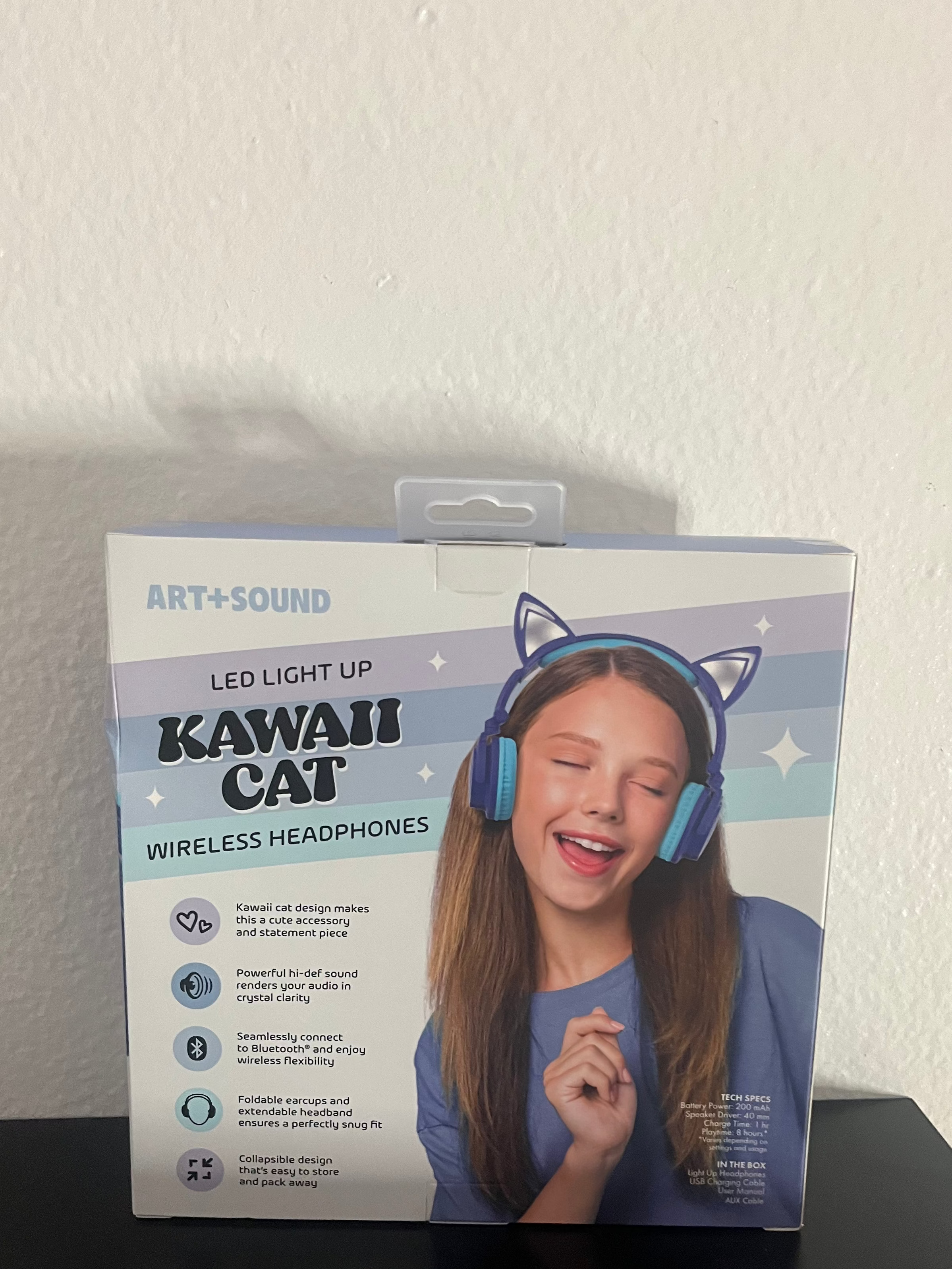 Box of LED light-up Kawaii Cat wireless headphones on a white surface